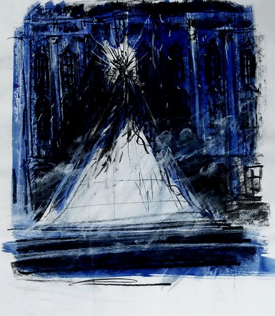KÖNIGIN DER NACHT aus der Oper DIE ZAUBERFLÖTE, Aquarell-Kreide, 64 x 50 cm